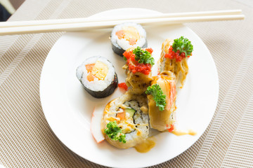 Japanese sushi with salmon cream cheese Japanese omelette