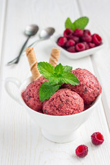 Homemade raspberry, yogurt, chocolate chips ice cream balls