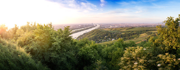 Skyline of capital city Vienna and Danube Island with the Donau City , Austria - obrazy, fototapety, plakaty