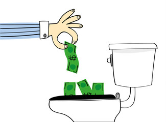 Concept for losing or wasting money with a hand dropping dollar bills down a conventional toilet to be flushed away