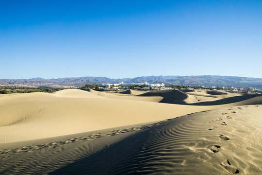 Panorama View from Maspalomas Dunes to the Mountains / Spain
