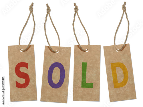 “colorful sold tags isolated on white background” Stock photo and