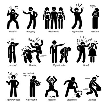 Negative Personalities Character Traits. Stick Figures Man Icons. Starting with the Alphabet H.