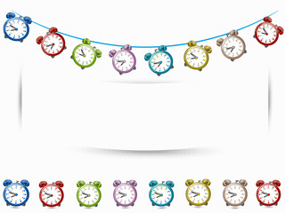 Banner alarm clocks, party coloured alarm clocks  white backgrou