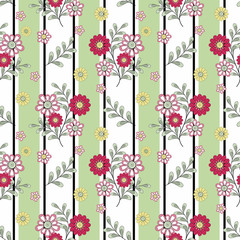 Floral seamless pattern in retro style, cute cartoon purple flowers white background strip.