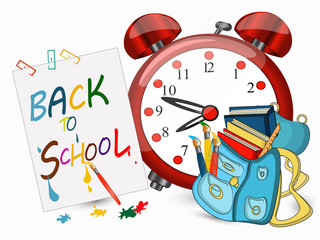 Back to school sign banner, Big alarm clock, Schoolbag with brus