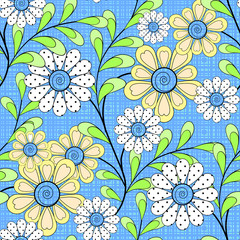 Floral seamless pattern in retro style, cute cartoon yellow,white flowers  blue background