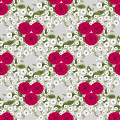 Floral seamless pattern in retro style, cute white,  red purple flowers gray background