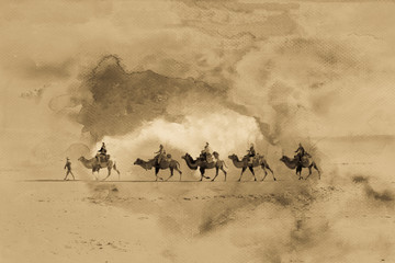 Antique silk road image with grain, mixed photograph with painted watercolor on paper
