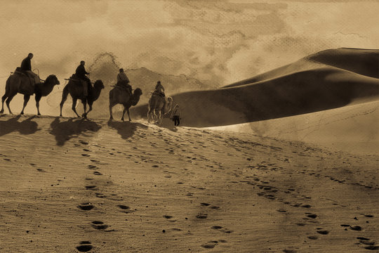 Antique silk road image with grain, mixed photograph with painted watercolor on paper