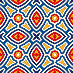 Bright ethnic abstract background. Seamless pattern with symmetric geometric ornament.