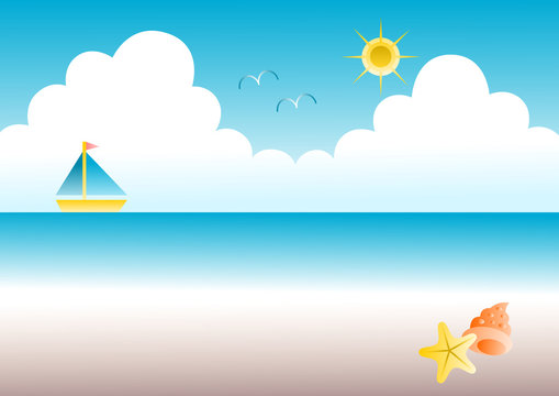 夏の海辺のイラスト: 青空と海とヨット