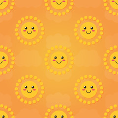 Flat design smiling cartoon sun with clouds seamless pattern background.