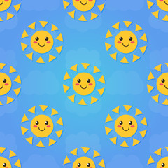 Flat design smiling cartoon sun with clouds seamless pattern background.
