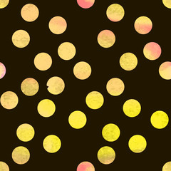 Yellow golden watercolor polka dot seamless background pattern. Illustration made in vector.
