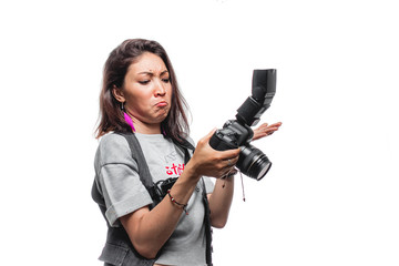 Woman photographer isolated surprised of photos on photosession.