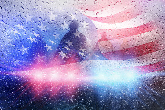 Police crime scene, rain background with police lights and american flag
