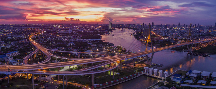 beautiful aerial view of bangkok dramatic sky at bhumiphol bridg