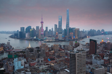Aerial photography at Shanghai bund Skyline of Sunset glow
