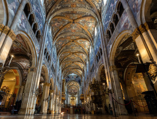 Fototapeta 12th-century Romanesque Parma cathedral filled with Renaissance art. Its ceiling fresco by Correggio is considered a masterpiece of Renaissance fresco work. obraz