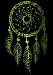 Hand-drawn green gradient native american dream catcher with feathers and beads on a black background. Ethnic illustration, tribal