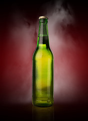 Cold wet beer bottle with frost and vapor