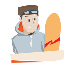 Cartoon young man with snowboard vector illustration isolated ov
