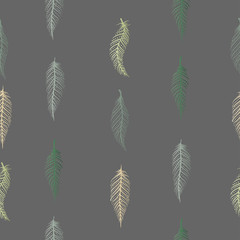 Drawing of a seamless pattern with multicolored feathers on a dark gray background
