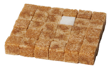 Cubes of sugar cane brown and white refined isolated
