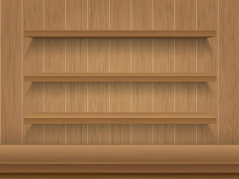 Wooden shelves, table and wooden planks background. Vector detailed illustration.