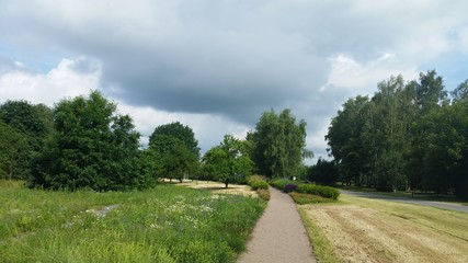 Schwarze Wolken über dem Park im Sommer