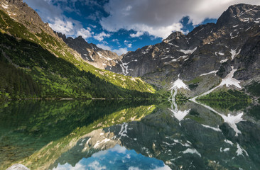 Fototapeta na wymiar mirror reflection of mountains peaks in alpine lake
