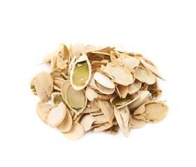 Pile of pumpkin seeds shells isolated