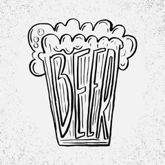 Hand drawn beer in glass mug with text Beer on grunge background
