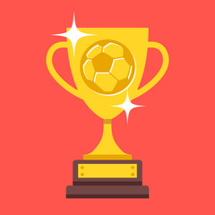 Vector football cup trophy. Gold cup with graven football ball. Creative soccer, champions cup concepts. Modern flat design vector illustration