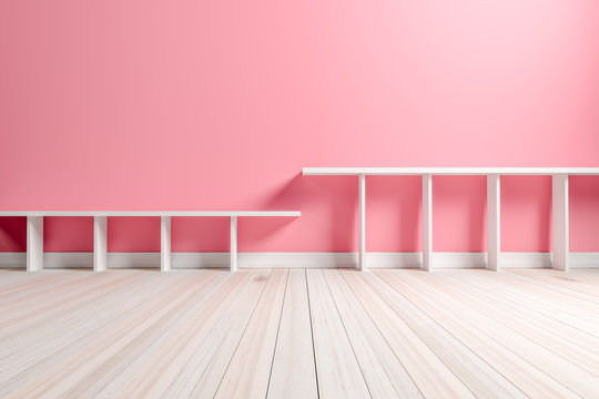 Empty Interior Light Pink Room With White Shelf And Wooden Floor