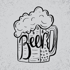 Hand drawn beer in glass mug with text Beer on grunge background