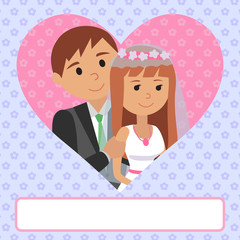 Vector illustration of bride and groom. Card invitation to wedding ceremony in flat style with heart and flowers. Portraits of the bride and groom in heart illustration for wedding.
