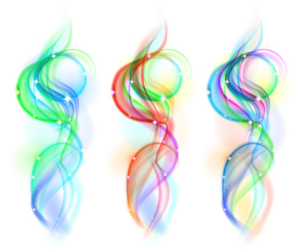 Set of translucent colored smokes with sparkles. Transparency only in vector file