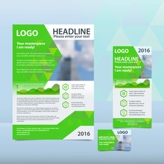 Bright green annual report with the pattern of triangles brochure flyer and business card design template. Triangles Pattern for Business Presentations. Report with infographics.
