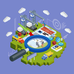 Obraz premium Flat 3d isometric mobile and smartwatch design web infographic concept vector. 3d flat magnifying glass. Crane people creating interface on phone tablet. Futuristic virtual graphic user interface.