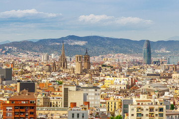 Barcelona Attractions, Cityscape of Barcelona, Catalonia, Spain. - obrazy, fototapety, plakaty