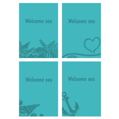 Hand drawn flyers with sings on theme sea. Vector illustration