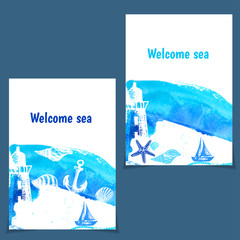 Hand drawn flyers with sings on theme sea. Vector illustration