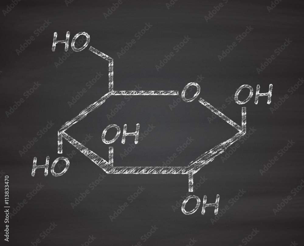 Wall mural Glucose (D-glucose, dextrose) grape sugar molecule.