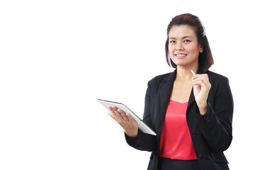 Naklejka premium Asia beautiful modern businesswoman holding tablet and looking at camera, isolate on white background.