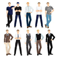 Vector illustration of man character in different clothes and pose isolated on white background. Group of people in clothes for sport, work and holiday
