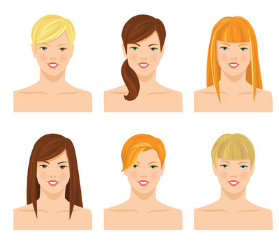 Vector illustrations of pretty young girls with various hair style with bangs isolated on white background. Different color of hair and eyes