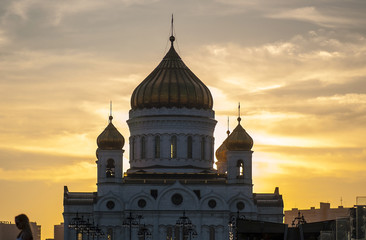 The Cathedral of Christ the Saviour during an amazing yellow sunset in Moscow. Russia