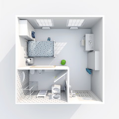 Fototapeta na wymiar 3d interior rendering plan view of furnished hotel room apartment
